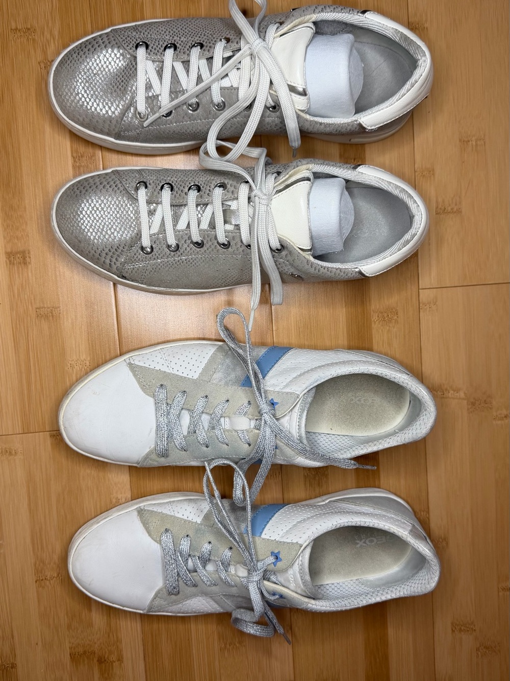2 Pairs Geox Women's Silver Metallic and White Sneakers Size 41 (10.5)